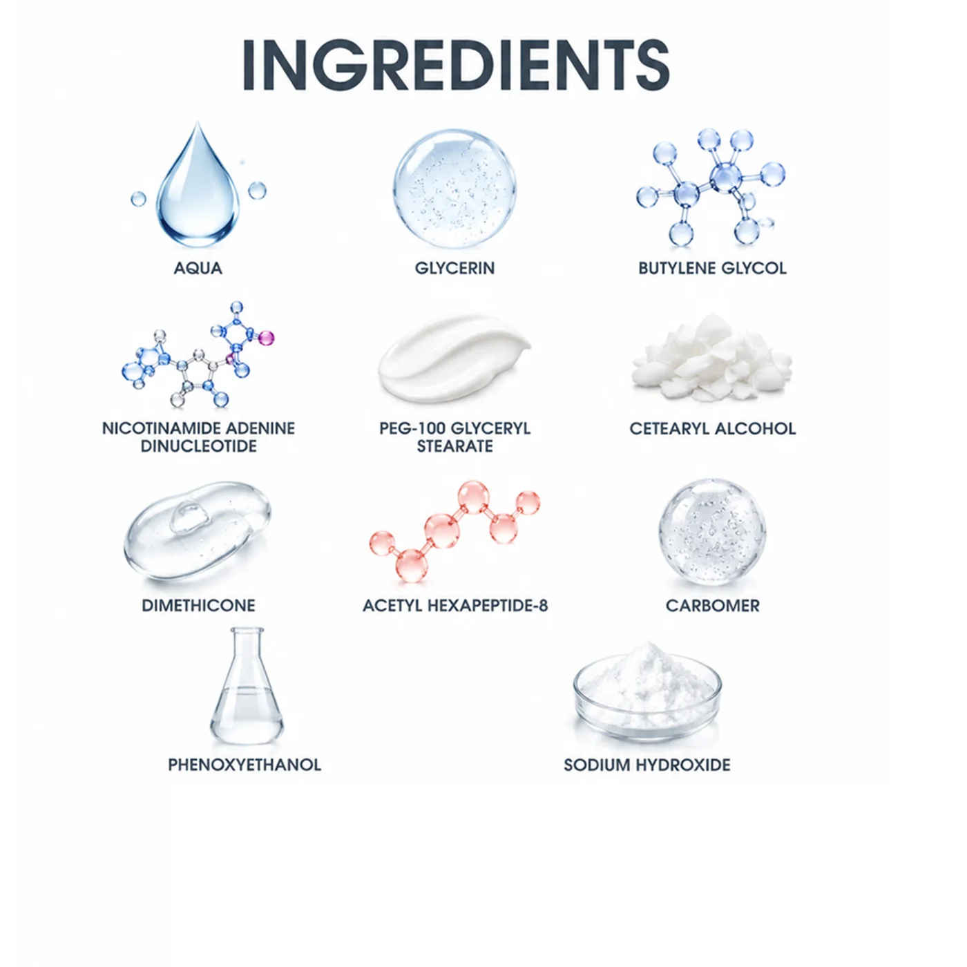 The cream's ingredients, from water and glycerin to NAD+ and acetyl hexapeptide-8